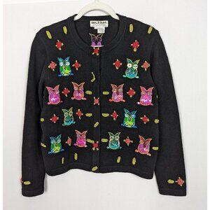 Vintage 90s Y2K Jack B S Quick Sequined Beaded Novelty Owl Cardigan Sweater Top